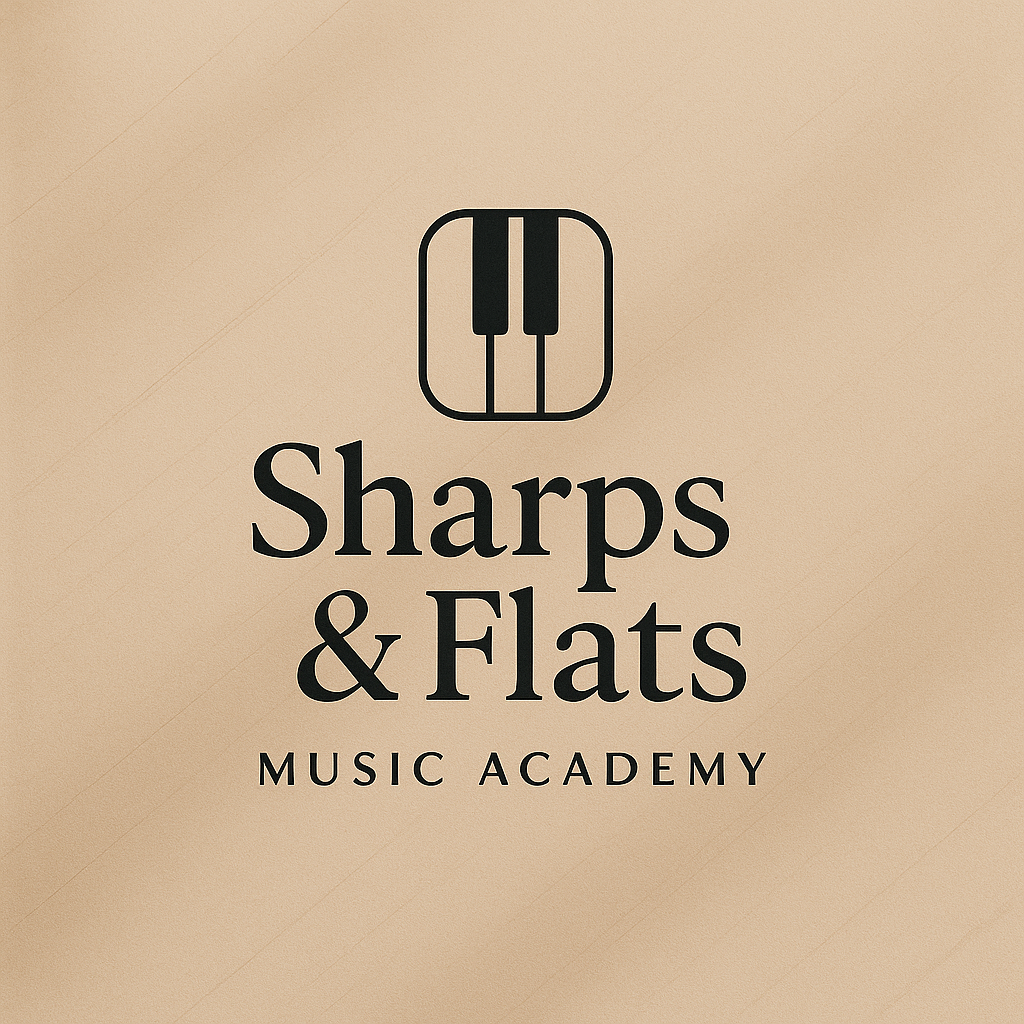 Sharps & Flats Music Academy logo with simplified piano key icon above modern typography on a neutral background