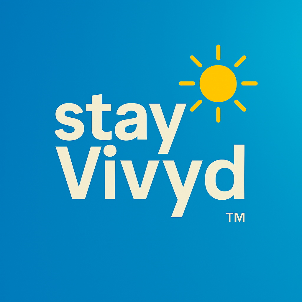 Stay Vivyd™ logo with bold white text on a vibrant blue background, topped by a stylized yellow sun icon radiating upward.