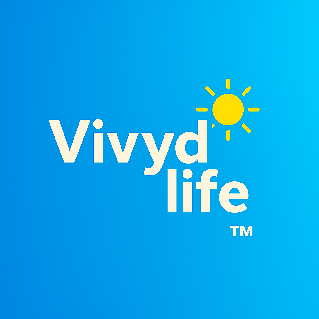 Vivyd life™ logo with bold white text on a vibrant blue background, topped by a stylized yellow sun icon radiating upward.