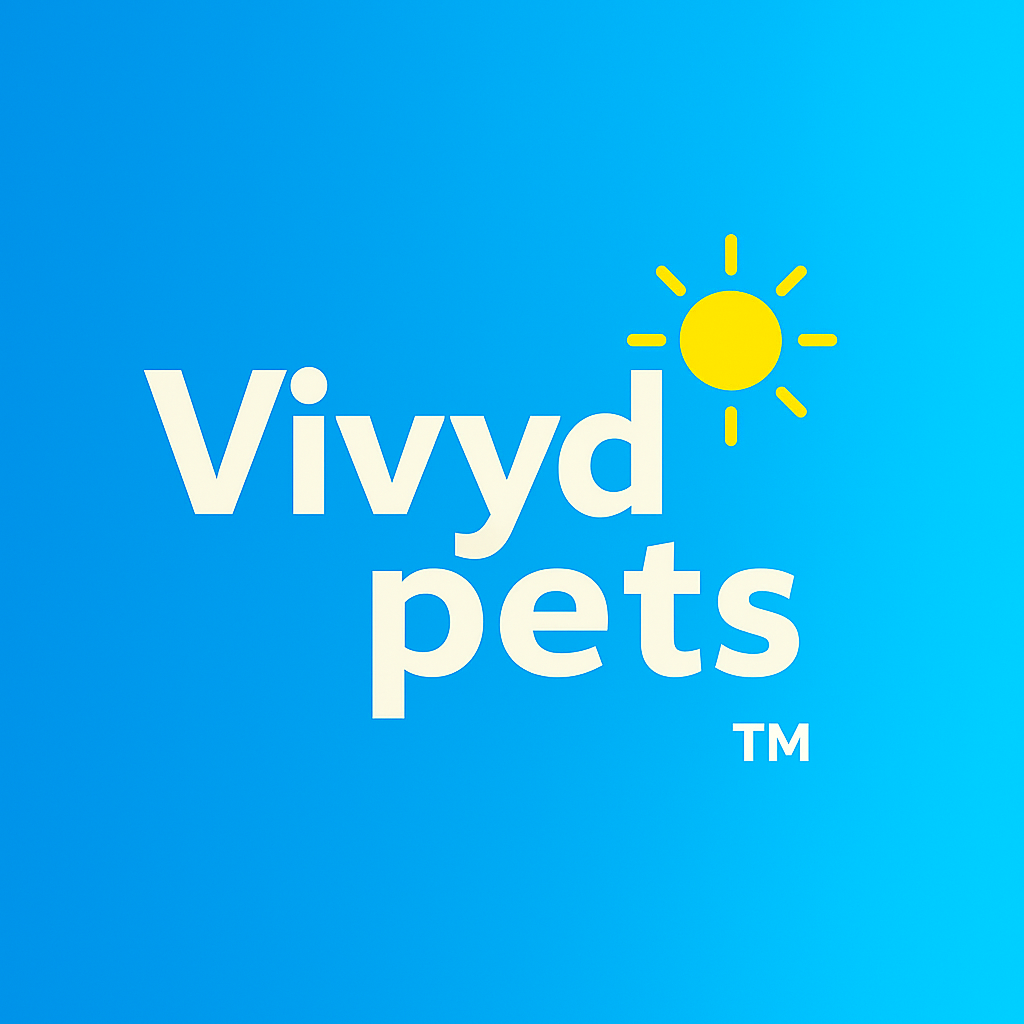 Vivyd pets™ logo with bold white text on a vibrant blue background, topped by a stylized yellow sun icon radiating upward.