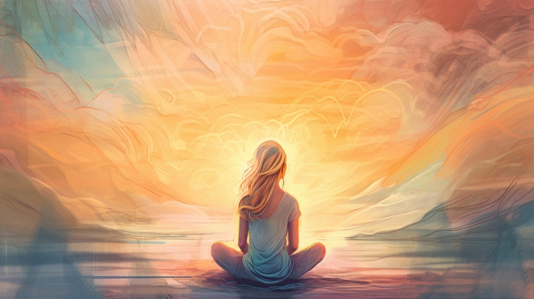 Colorful imge of a young girl looking towards a beautiful sunset